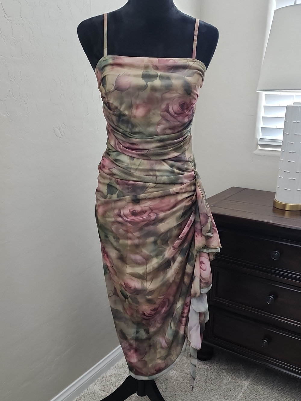 SHEIN Green & Pink Rose Print Ruched Spaghetti-Strap Midi Dress